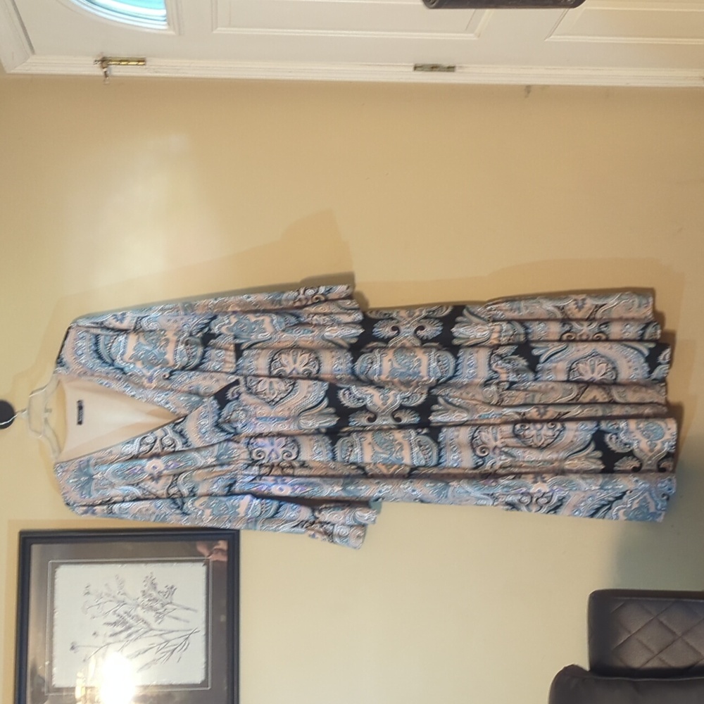 Boohoo Floral Paisley Print Dress in Tan and Black With Seafoam & Lilac Accents